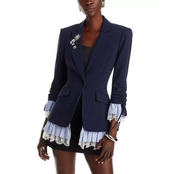 Cinq à Sept Roxie Contrast Trim Blazer Womens Size 0 Navy Blue Slim Fit Crepe